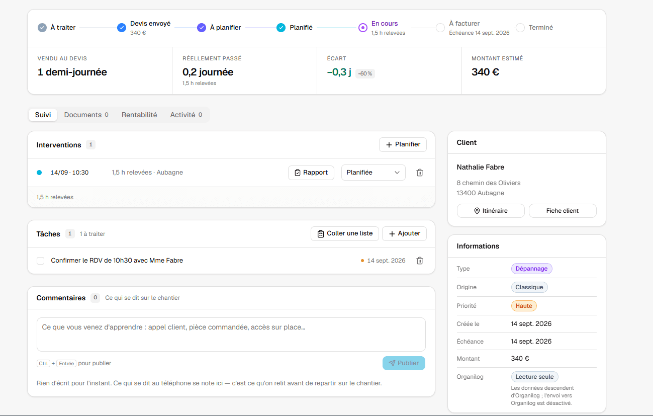 A repair job opened: the job's path along the top, from "to handle" to "done", then four figures: half a day sold on the quote, 0.2 days actually spent, the gap, and the amount. Below, the scheduled intervention with its report button, the task to handle, and the site's comment box. On the right, the customer with directions, then the type, origin, priority, due date and the state of the sync with the field-service software.