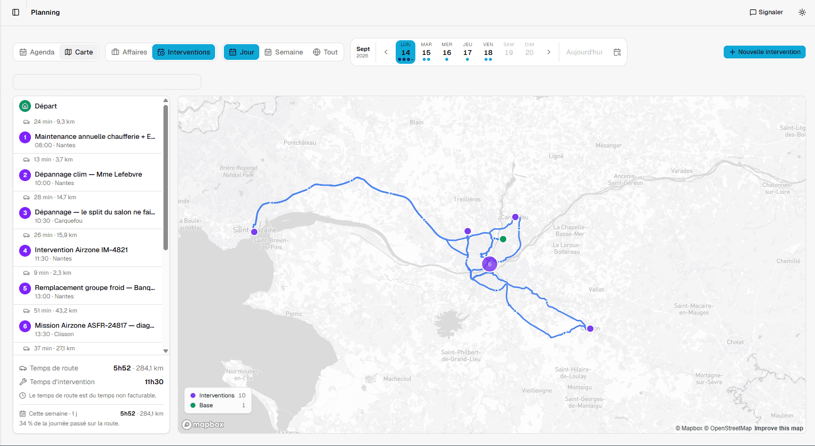 The same day on the map: interventions numbered in visiting order, linked by the computed route, with the driving time and distance between each. At the bottom of the list, the total: 5 h 52 on the road for 11 h 30 of interventions, and the share of the day spent driving, counted as unbillable time.