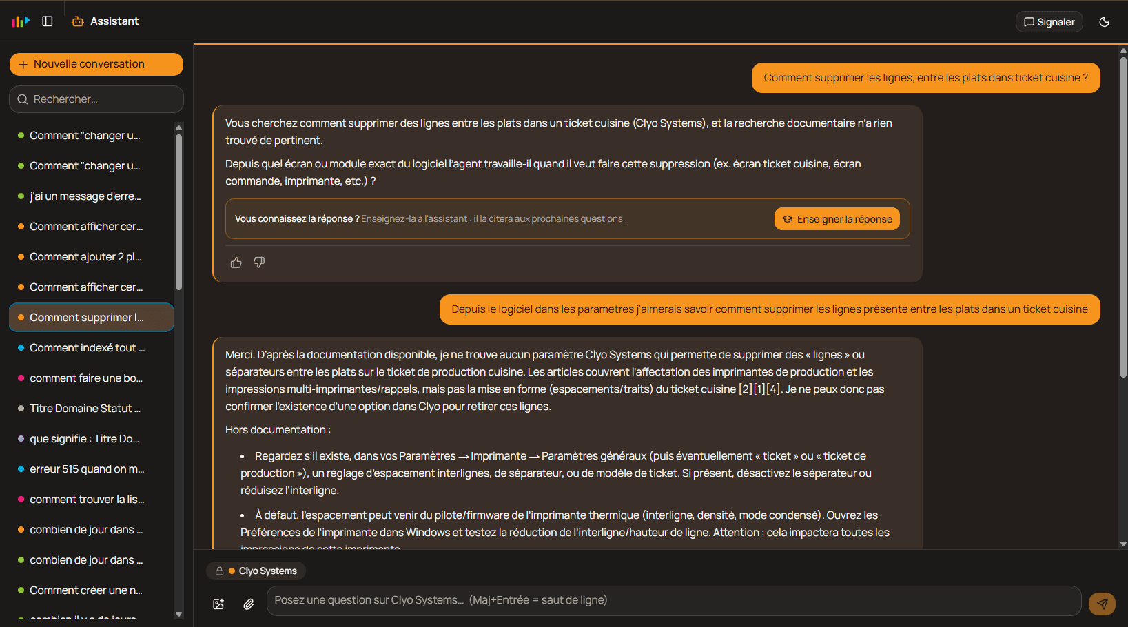 The same conversation when the documentation does not hold the answer: the assistant says the search found nothing relevant, asks which screen the agent is working from rather than inventing one, and offers to be taught the answer so it can cite it next time. Further down it does answer, but under an “Outside the documentation” heading that separates what is sourced from what is only a lead.